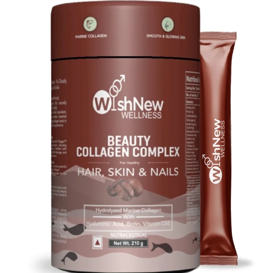 WishNew Wellness BEAUTY COLLAGEN COMPLEX | Radiant Skin, Lustrous Hair & Strong Nails | 21 Sachets with Collagen, Hyaluronic Acid, Biotin | Coffee Flavor | Natural Ingredients for Beauty Boost