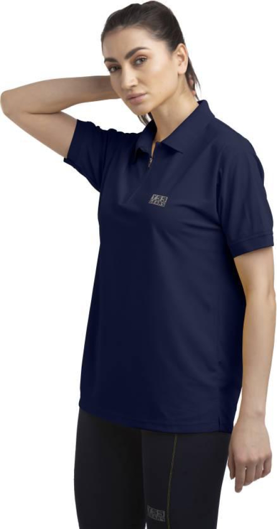 Women Solid Zip Neck Polyester Dark Blue T-Shirt