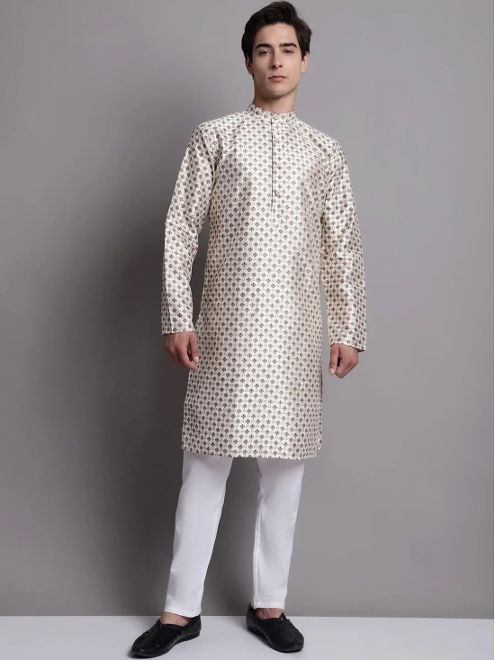 Men's Grey Printed Silk Blend Kurta-XXL / White