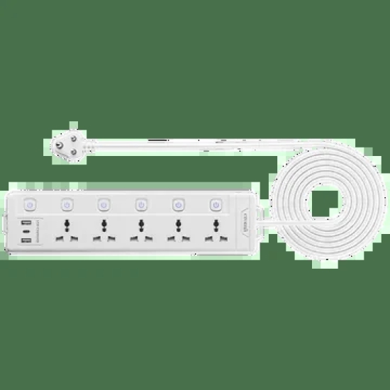 Croma 6 Amps 5 Sockets Surge Protector (2 Meters, Child Safety Shutters,White)