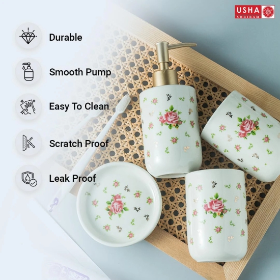 USHA SHIRAM 4 Pcs Ceramic Bathroom Set - Soap Dispenser, Soap Holder, 2 Tumblers, Handwash Dispenser, Bathroom Organizer, White-USHA SHIRAM 4 Pcs Ceramic Bathroom Set: Liquid Soap Dispenser, Soap