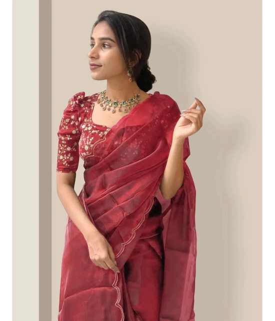 A TO Z CART Organza Solid Saree With Blouse Piece - Red ( Pack of 1 ) - Red