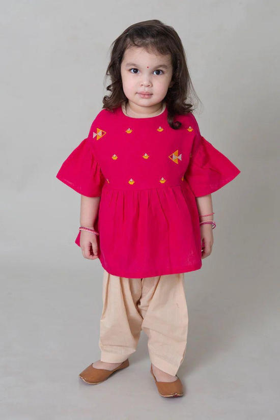 Girls Pink Phulkari Fish Top Set 1Y