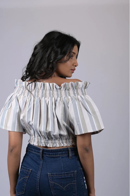 Top for women western wear stylish Grey And White Striped Off Shoulder Top (OTL-TPS1041)-Grey / L