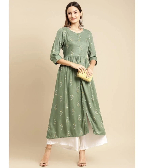 Rangita Women Rayon Green Self Textured Calf Length A-Line Kurti With Gathers At Waist - None