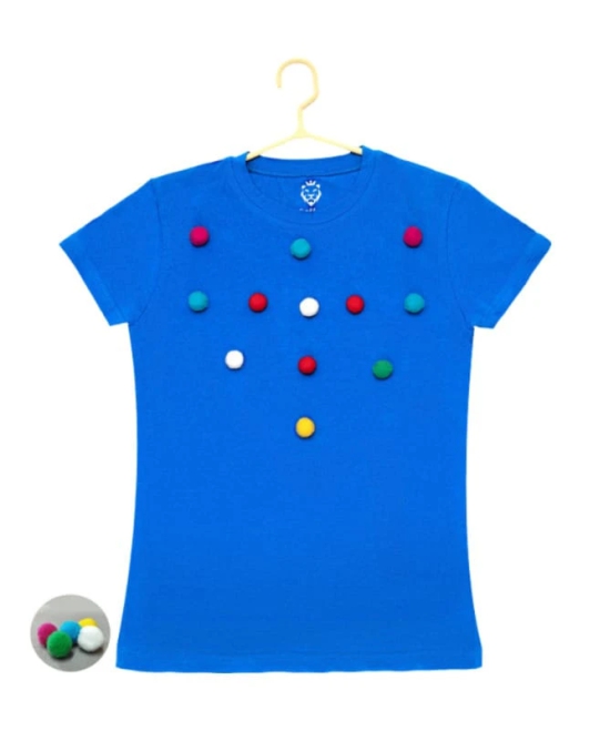 Girls Casual Short Sleeve Pom Pom Balls Cotton T Shirt (Royal Blue) PID49323