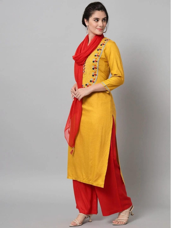 Charming Geometric Printed Mustard Rayon Embroidered Kurta Trouser Set With Dupatta for Women.-SMALL