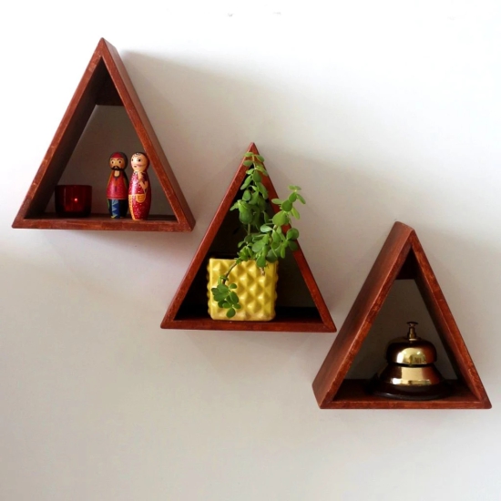 Barish Home DECORS - Triangular Wal Shelf (Set of 3) | Wooden Wall Mount Shelves for Home Decor | Home Decor Piece | Handcrafted with Rubberwood | 24 x 24 x 12 (H x W x D)