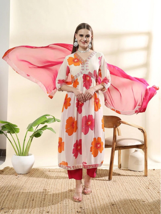 Womens Chanderi Flowers Printed Anarkali Kurta and Pant with Dupatta Set-L