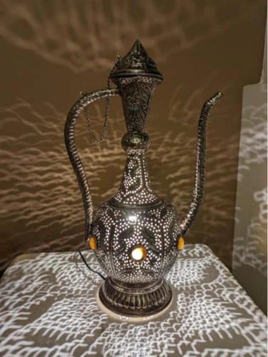 Aarna Creations Metal Lamp in Surai Shape| Carved Brass Designer Lamp with Antique Coat| Metal Antique Lamp in Surai Shape