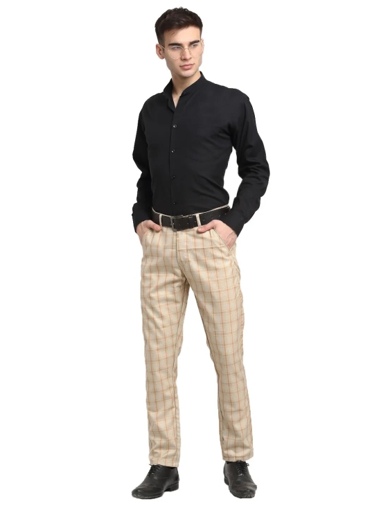 Indian Needle Men's Cream Cotton Checked Formal Trousers-30 / Cream