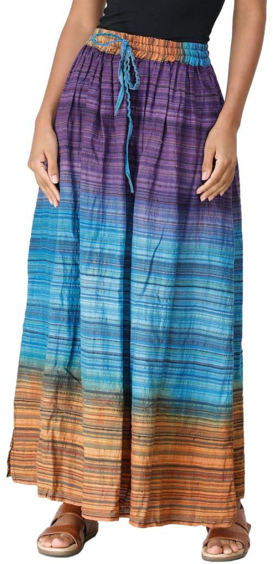 Milky-Blue Long Summer Skirt with Stripes Woven in Multi-Color Thread and Dori on Waist