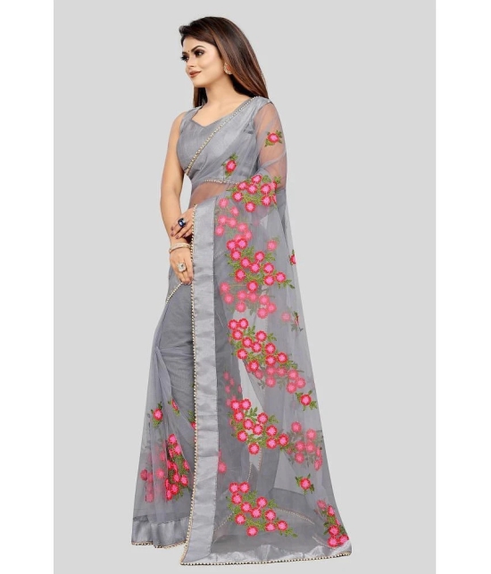 Gazal Fashions - Grey Net Saree With Blouse Piece ( Pack of 1 ) - Grey