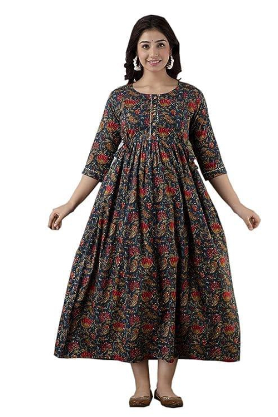 KASHVI Creation Women's Cotton Floral Printed Anarkali Maternity Feeding Kurti-Navy Blue