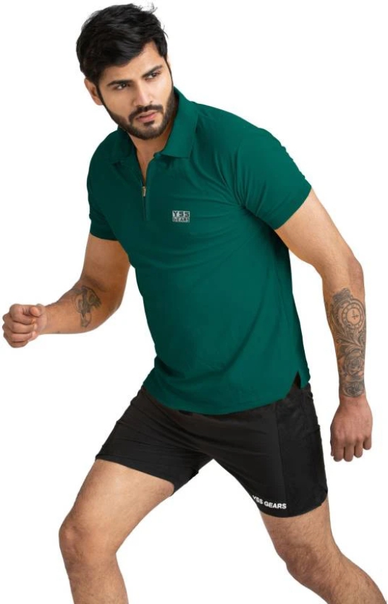 Men Solid Polo Neck Polyester Dark Green T-Shirt