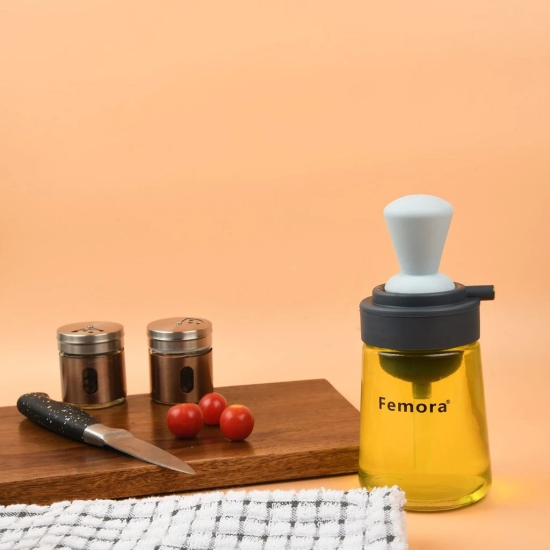 Femora Glass Oil Dispenser Bottle With Silicone Brush/Dropper - 350 ML, Grey Oil Jar