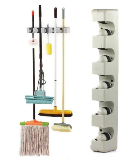 Hi-Lee Mop and Broom Holder | Wall Hanging, 5 Slots with 6 Inbuilt Hanging Hooks/Magic Holder Broom and Mop Organizer