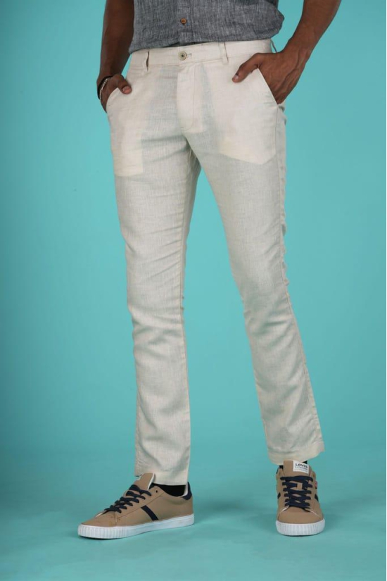 Men Off-White Solid Hemp Trousers