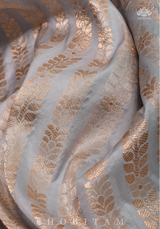 Scalloped Border on Gray Katan Banarasi Silk Saree with Zari Stripes | SILK MARK CERTIFIED