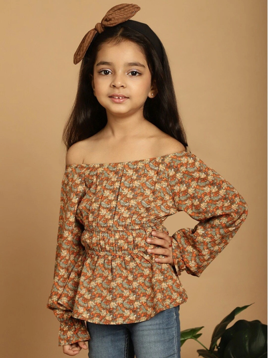 MINI & MING Girls Floral Printed Off-Shoulder Puff Sleeves Gathered Bardot Top