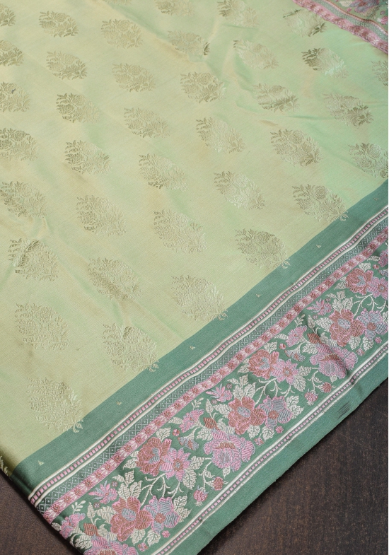 Pure Banarasi Satin Silk Saree with Meenakari Motifs in shades of Green| SILK MARK CERTIFIED