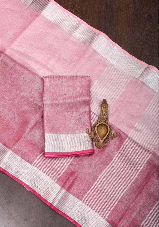 Pink and Baby pink Ombre Silver Tissue Linen Saree with Silver Ribbed Borders