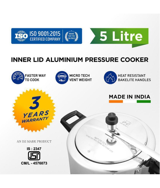 Srushti Gold 5 L Aluminium InnerLid Pressure Cooker Gas Stovetop Compatible