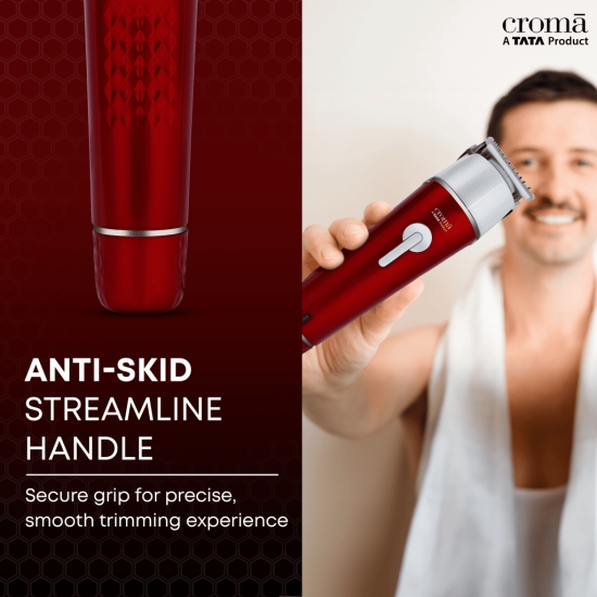 Croma Cordless Wet & Dry Trimmer for Beard and Hair for Men (120mins Runtime, Water Resistant, Red)