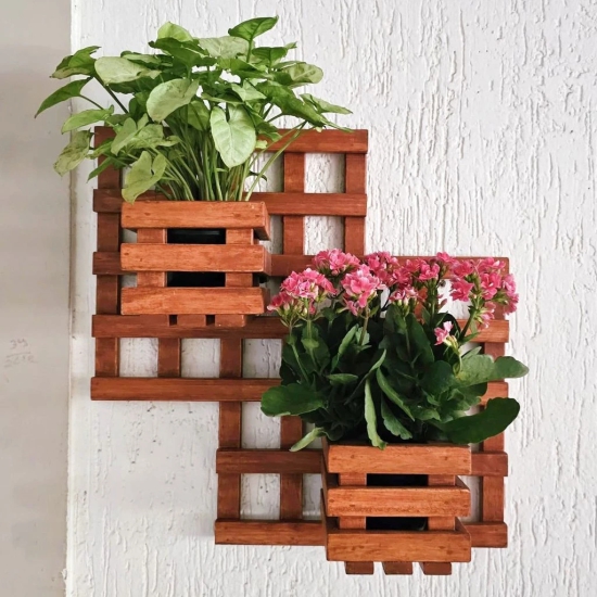 BARISH - Wall Mounted Planter - Square Double | Handcrafted with Rubberwood | Indoor Hanging Planter with Wall Mount Stand 18 x 18 x 6 Inches