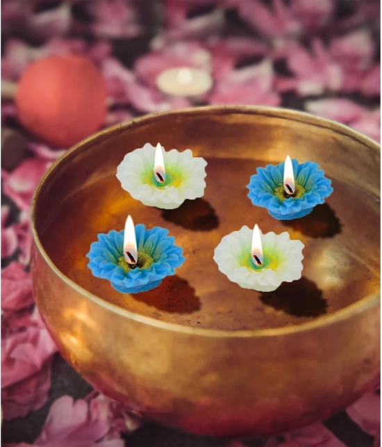 HOMETALES - Blue & White Unscented Flower Shaped Floating Candles (6 Units) - 2 Hours Burn Time