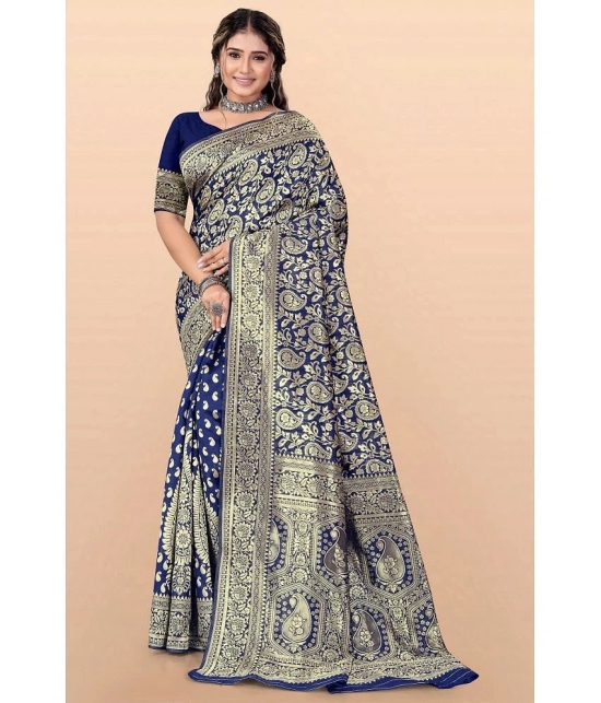 LEELAVATI - Navy Blue Banarasi Silk Saree With Blouse Piece ( Pack of 1 ) - Navy Blue