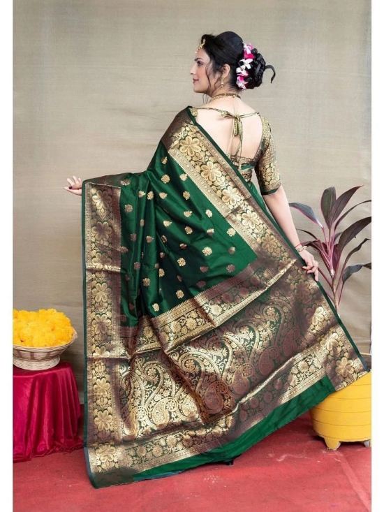 Gazal Fashions Banarasi Silk Woven Saree With Blouse Piece - Green ( Pack of 1 ) - Green