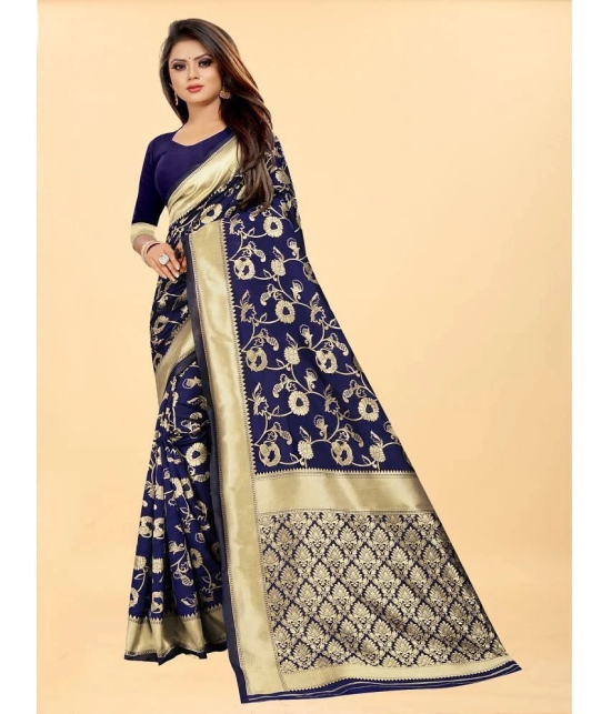 Gazal Fashions - Navy Blue Banarasi Silk Saree With Blouse Piece ( Pack of 1 ) - Navy Blue