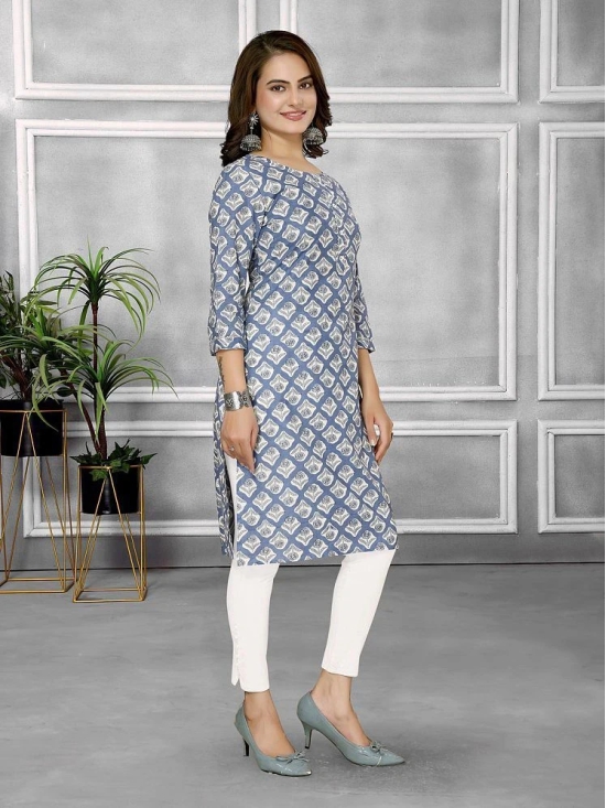 Rangita Women Cotton Blue Printed Knee Length Straight Kurti - None