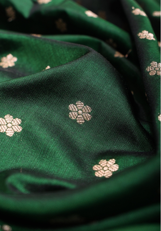 Bottle Green Banarasi Katan Silk Saree with Chunri Butis and Skirt Border | SILK MARK CERTIFIED