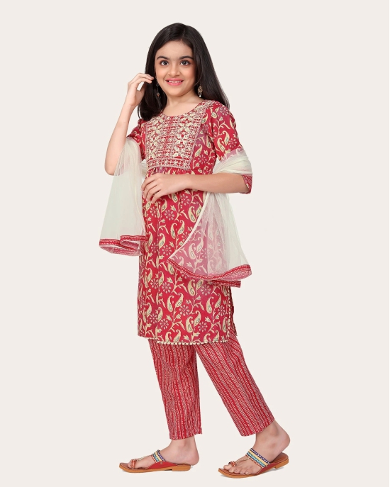 Printed Emroidered Kurta Bottom Dupatta Set for Girls-Red / 4 - 5 Years