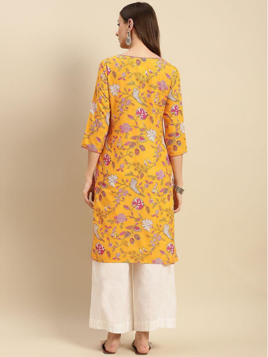 Rangita Women 100% Cotton Yellow Floral Printed Knee Length Straight Kurti - None