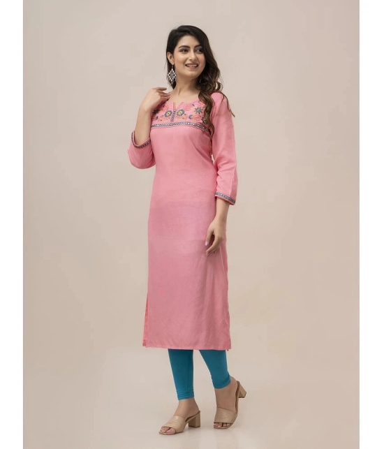 Frionkandy Rayon Embroidered Straight Womens Kurti - Pink ( Pack of 1 ) - None