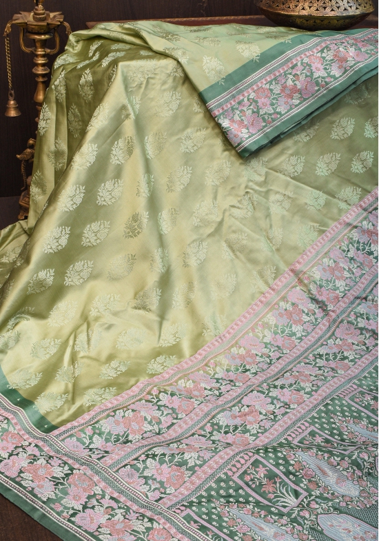 Pure Banarasi Satin Silk Saree with Meenakari Motifs in shades of Green| SILK MARK CERTIFIED