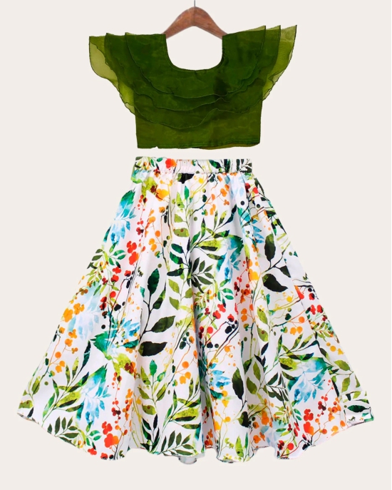 Kids Girls Green And White Gorgeous Crop Top With Full Length Skirt-2 - 3 Years / White