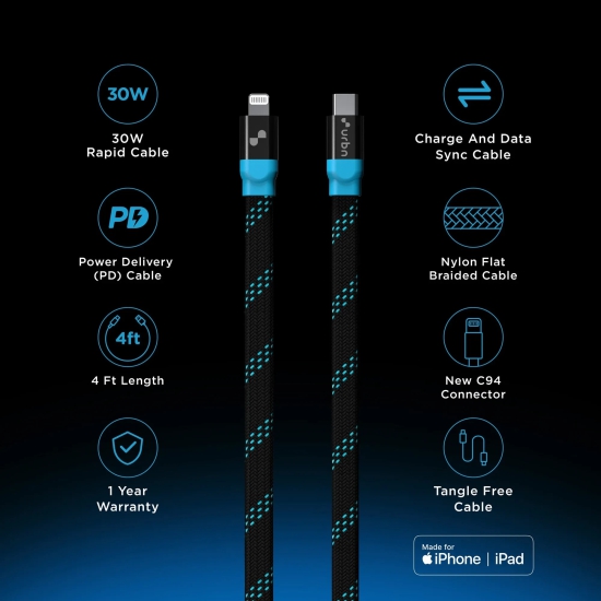 30W Super Fast Lightning MFi Certified Cable-Blue