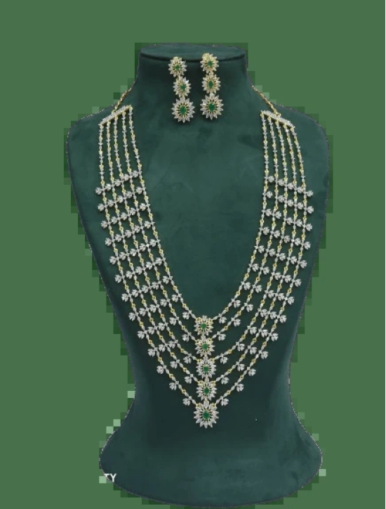 American Diamond and Emerald steps wise Necklace Set in Gold Bridal special