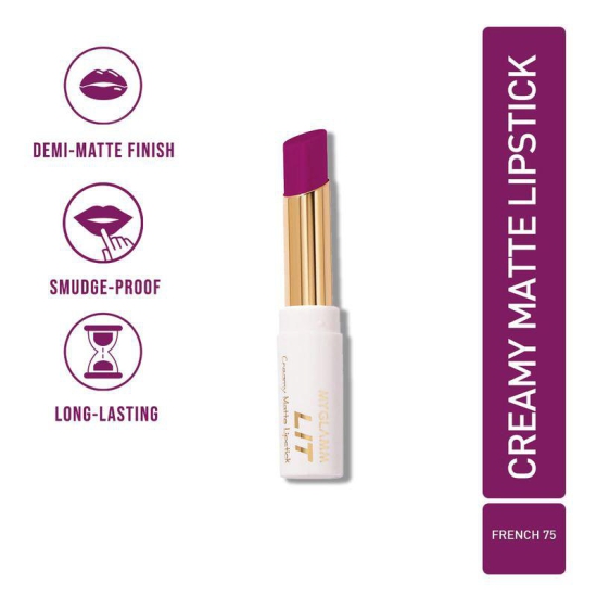 MyGlamm LIT Creamy Matte Lipstick - French 75 (Deep Maroon Shade) | Long Lasting, Creamy, Demi-matte Finish Slim Lipstick (3.7g)French 75