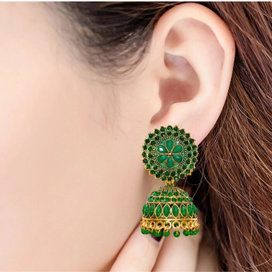 Green Kundan and Pearl Jhumka Earrings