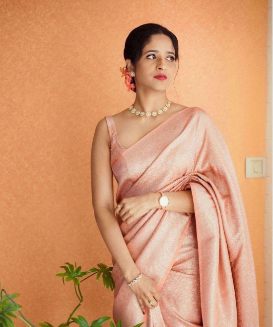 Banarasee Handwoven Semi-Chiffon Saree With Silver Zari Buta & Border-