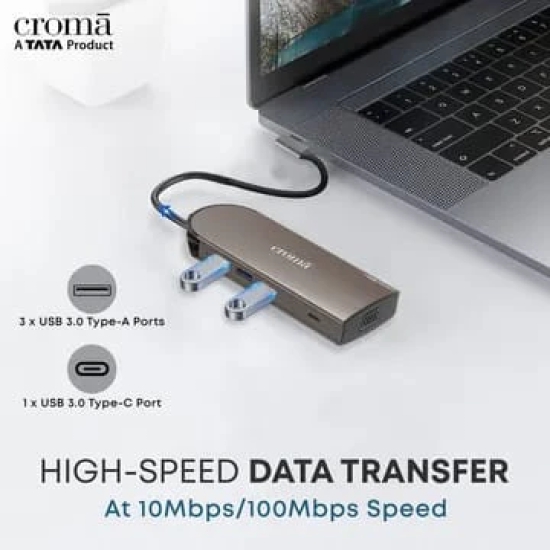 Croma 10-in-1 USB 3.0 Type C to USB 3.0 Type C, USB 3.0 Type A, SD Card Slot, TF Card Reader, RJ45, VGA Port, HDMI, 3.5mm Stereo Multi-Port Hub (Apple Compatible, Silver)