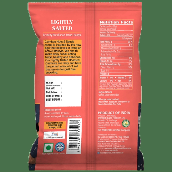 Cornitos Lightly Salted Roasted Cashews, 25 G Pouch