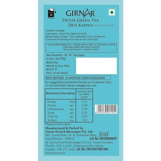 Girnar Detox Green Tea - Desi Kahwa | 36 Tea Bags| 90 Gm