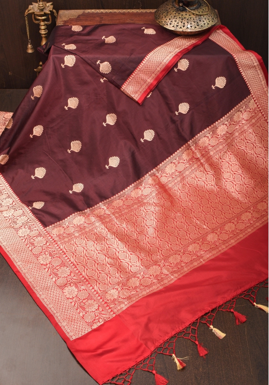 Banarasi Katan Silk Saree in Brown & Red with Damask Motifs | SILK MARK CERTIFIED