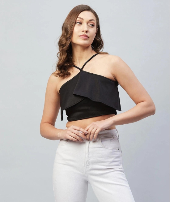 Womens Solid Tie Up Neck Black Crop Top-M